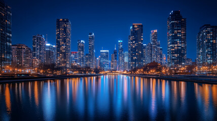 Stunning City Skyline at Night with Water Reflections