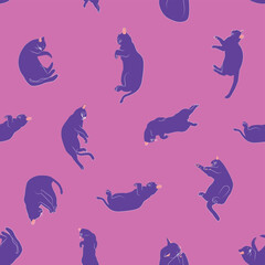 Mystical seamless pattern of cats in boho style, silhouette collection. Witchcraft and magic. Esotericism and mysticism, occultism. Cartoon flat vector illustrations, isolated