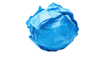 Blue crumpled paper ball on transparent background