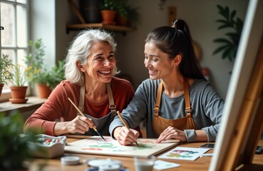 Two women enjoy painting workshop together. Middle-aged woman, young woman smile happily creating art. Sit in studio, surrounded by plants, painting supplies. Learning, collaboration, creativity