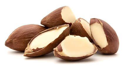 Fresh Brazil Nuts with Broken Shells on White Background