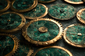 Fototapeta premium Intricate steampunk-style clock gears with a teal, cracked surface, showcasing detailed craftsmanship.