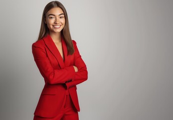 A young woman stands with her arms crossed, displaying confidence in a striking red suit. Her smile and sleek hairstyle enhance her professional appearance