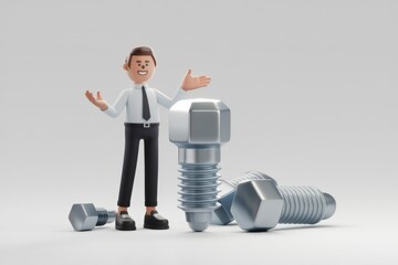 Smiling Businessman Presenting Large Silver Bolt With Two Additional Bolts In Foreground