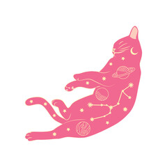 Mystical cats in boho style, silhouette collection. Esotericism and mysticism, occultism. Cartoon flat vector illustrations, isolated