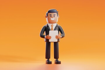 Obraz premium Smiling Businessman in a Black Suit Holding a Document Against an Orange Background