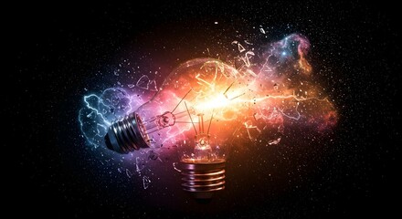 Light Bulb Explosion: Cosmic Energy with Vibrant Colors and Glowing Particles