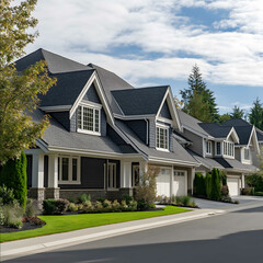 realistic picture taken from side walk of beautiful house with dormers and a brand new black asphalt shingle roof in an upscale neighborhood