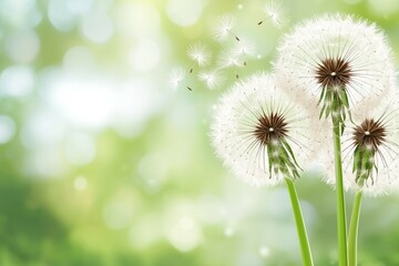 Obraz premium Close up of three dandelions with a green background