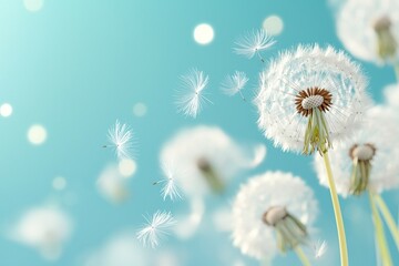 Field of white dandelions with a blue sky in the background