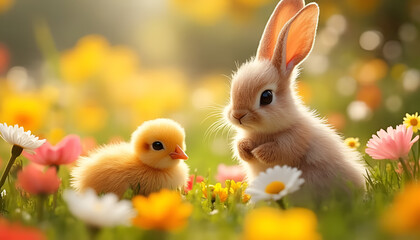 Cute bunny and fluffy chick surrounded by colorful spring flowers in a sunny meadow