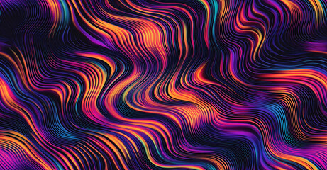 Psychedelic vibrant abstract seamless pattern with colorful wavy fluid shapes in neon orange purple and blue hues