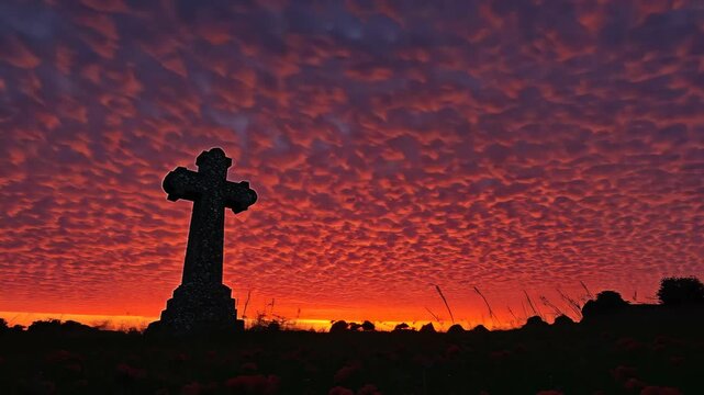Sunset over a historic cross with vibrant sky and cloud patterns at twilight in a tranquil landscape