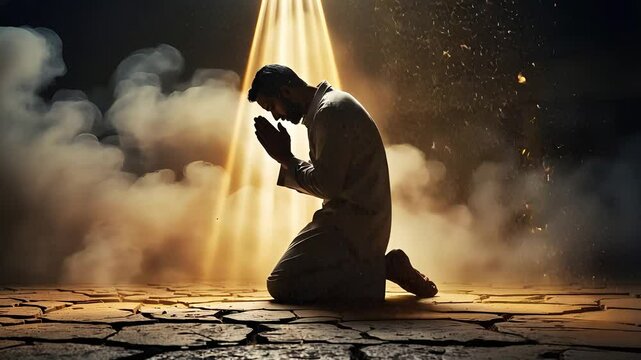 Man Kneeling in Prayer Under a Beam of Light Surrounded by Mist and a Dramatic Atmosphere


