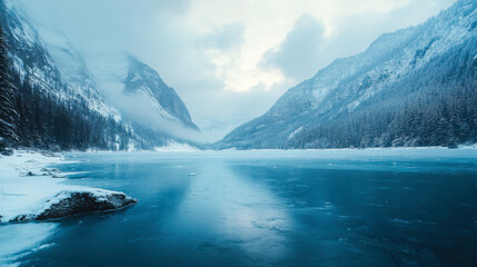 Obraz premium Winter landscape featuring a frozen lake surrounded by snow-covered mountains and evergreen trees under a cloudy sky