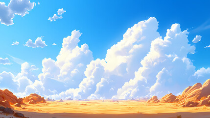 A wide shot of a vast desert landscape with rolling sand dunes under a bright blue sky with fluffy white clouds. Majestic Desert. Illustration