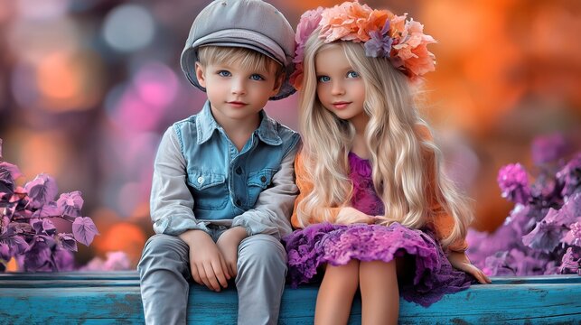 Children's dolls sitting beside each other in a colorful garden during daylight