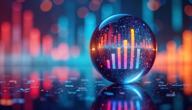 Crystal ball reflects growing bar graph over financial charts. Futuristic background shows tech, eco growth. Image shows positive investment prediction. Global business, success concept presented.