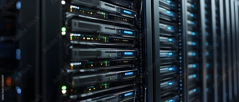 Poster a close-up view of a high-tech server room showcasing multiple server racks with illuminated led ind