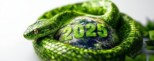 Fototapeta premium Green snake coiled around Earth with 2025 shattered imagery
