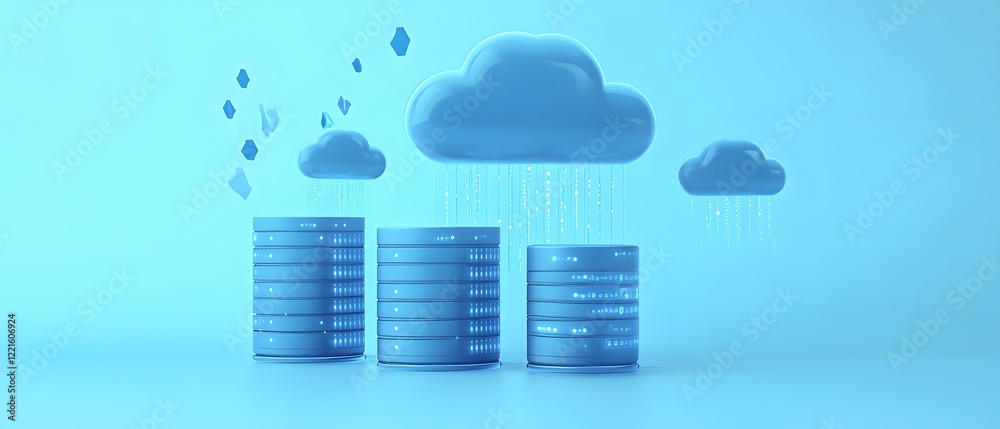 Poster a conceptual image visualizing cloud technology and data storage, featuring digital clouds and stack