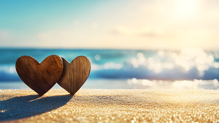 Fototapeta premium Two hearts symbolizing love and connection on a sandy beach at sunset with gentle waves in the background