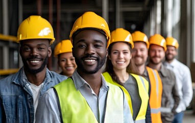 A diverse group of construction workers, wearing safety helmets and vests, smiles confidently while standing in a construction site, showcasing teamwork and professionalism.