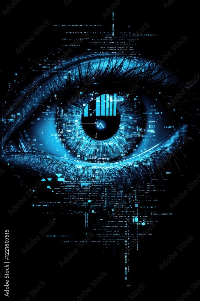 Poster futuristic blue digital eye with binary code and data graphics