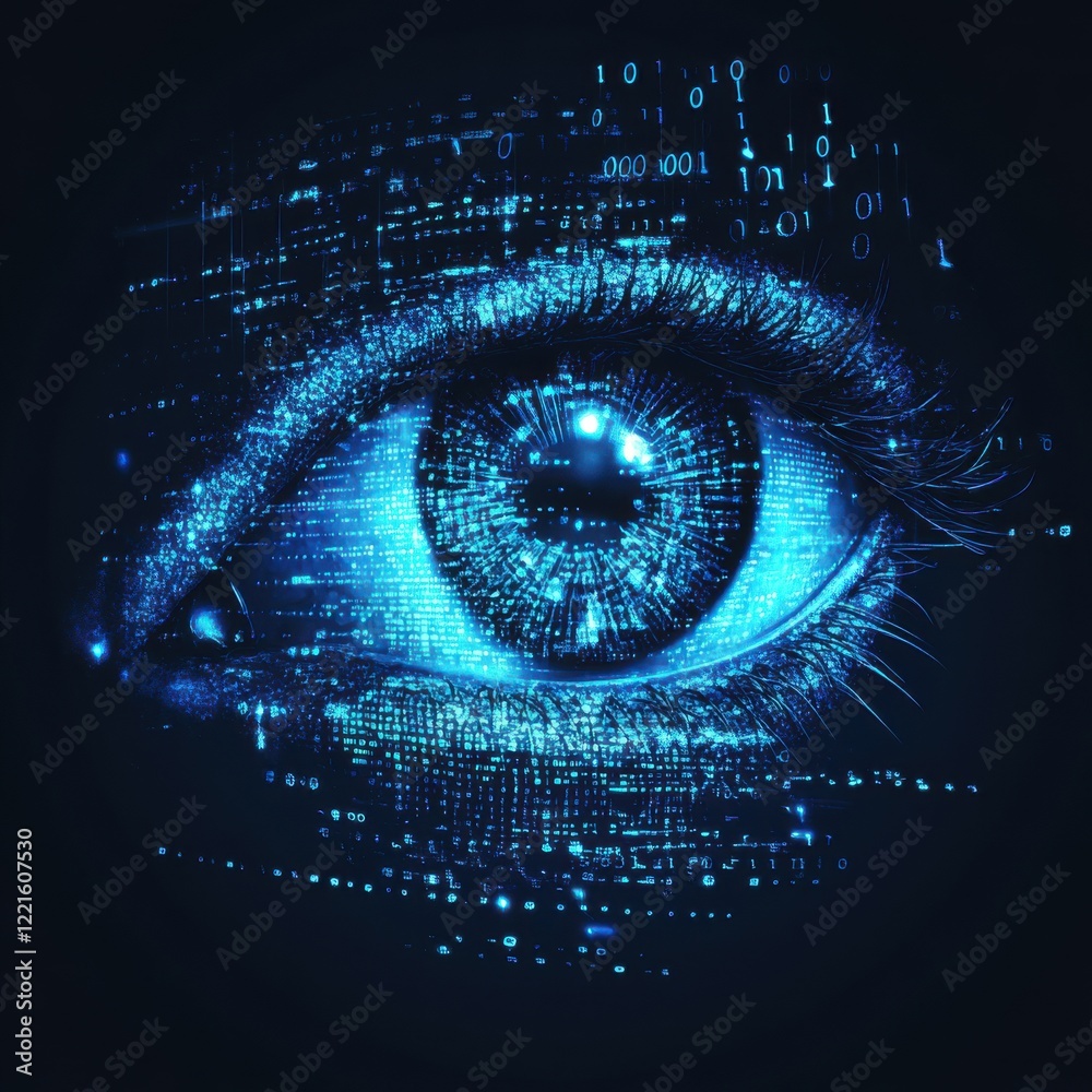 Poster futuristic digital eye with binary code and data flow