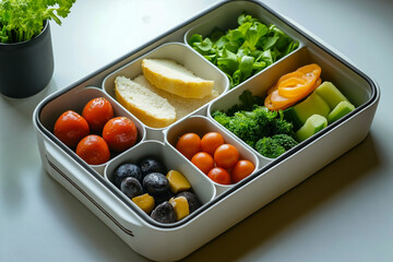 A bento box filled with different types of food on a table