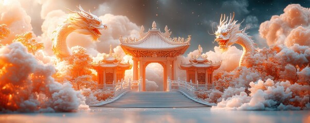 Serene Chinese landscape with red dragon and circular portal