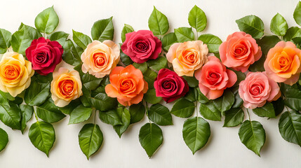 Obraz premium Bunch of colorful roses arranged in a natural setting with green foliage and soft lighting