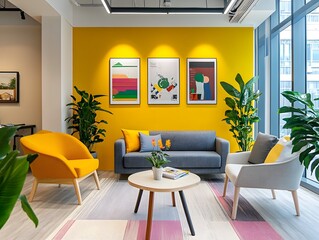 A modern, vibrant living room featuring a stylish gray sofa, cheerful yellow armchair, potted plants, and colorful artwork on the walls, creating a warm and inviting atmosphere.