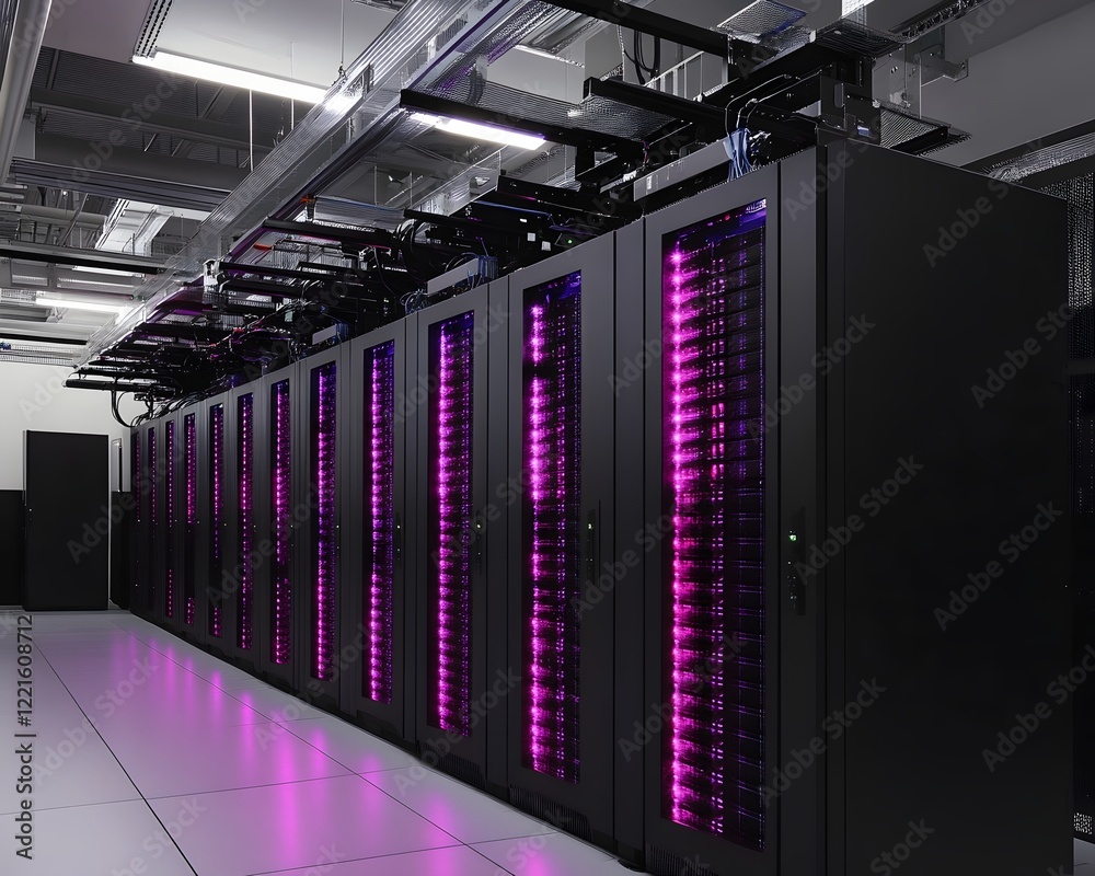 Poster a modern data center featuring rows of sleek server racks illuminated with purple lights. this high-