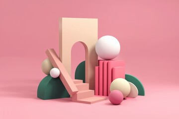 Geometric Abstraction with Arched Doorway and Colorful Spheres on Pink Background