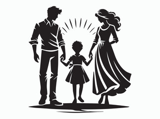 Silhouette of a Family with Two Parents and a Child Holding Hands