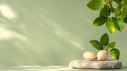 Natural Still Life with Organic Elements on Soft Green Background