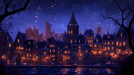 Night cityscape with illuminated buildings and street lights. Midnight Horizon. Illustration