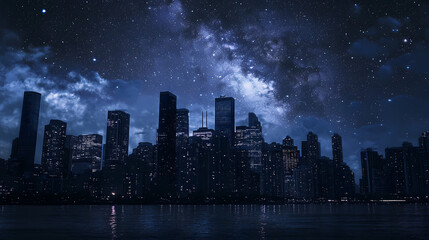 Nighttime skyline of city buildings with stars. Midnight Horizon. Illustration
