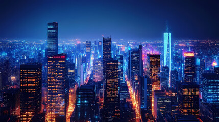 Fototapeta premium Pixel art cityscape, skyscrapers, night, glowing windows, urban scene. Midnight Horizon. Illustration