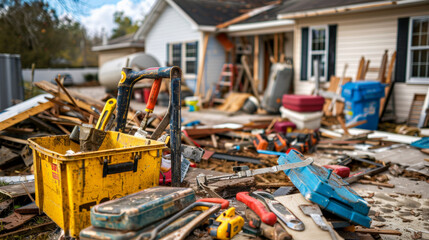Tools and equipment scattered for storm damage repair in yard