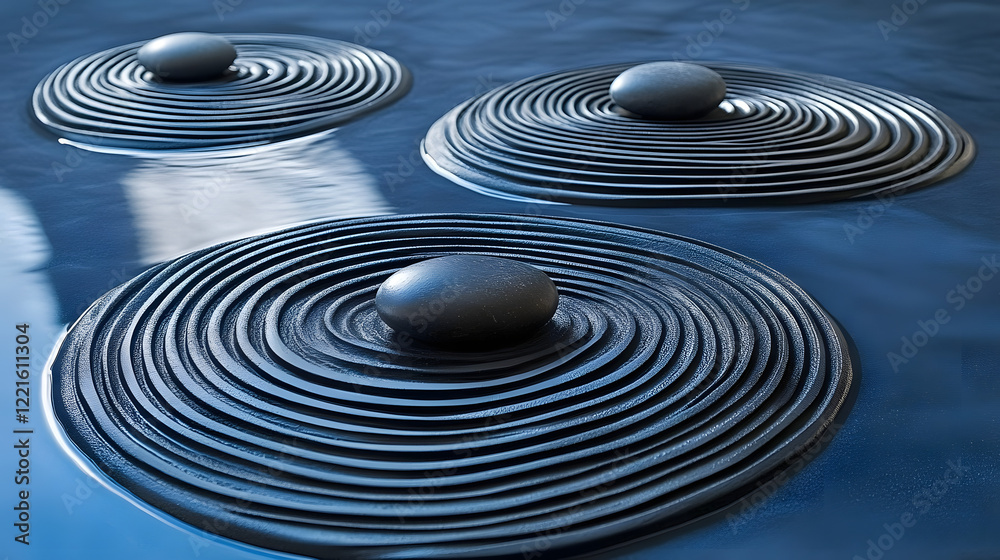 Poster group of black circles floating in calm water creating a unique visual pattern and texture