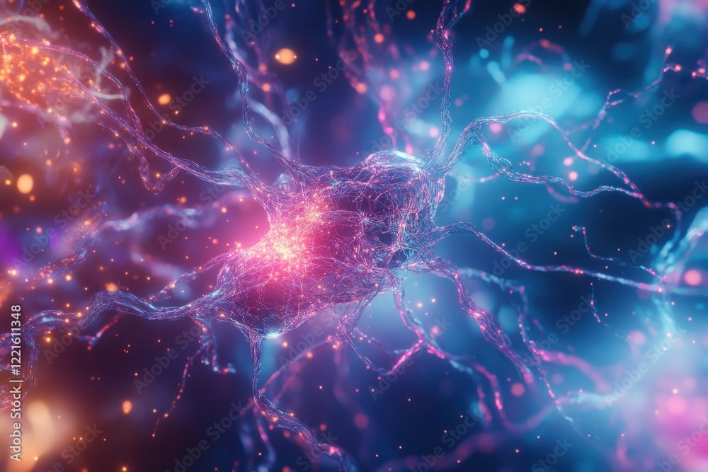 Poster colorful neural network simulation illustrating complex cell interactions in the brain