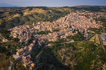 Panoramic aerial picture of Vizzini at sunset. Vizzini - picturesque Italian city in Sicily. June...