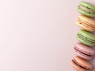 Colorful macarons in a row on a pink background