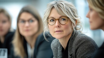 Obraz premium A blond woman wearing glasses sits at a table surrounded by other women, engaging in conversation and enjoying a social gathering.