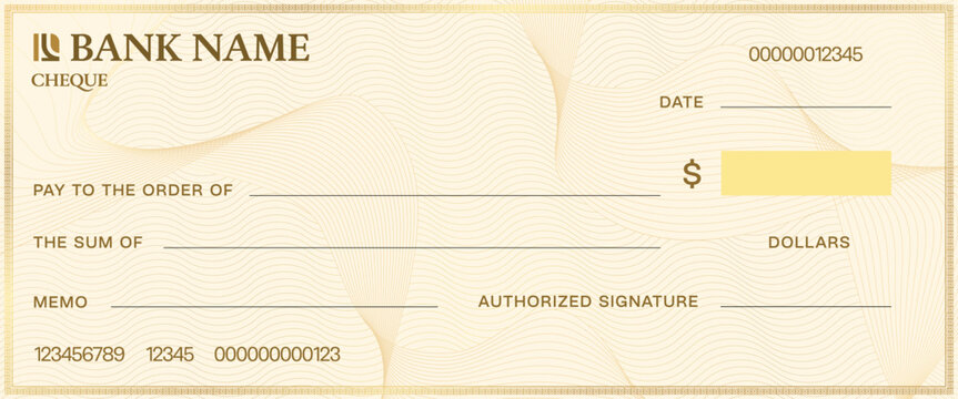 Cheque template with watermark. Blank bank check. Vector document layout includes fields for payee, amount, date, memo and signature, complemented by security patterns. Check for financial transaction