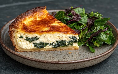 Slice of spinach and ricotta quiche with mixed greens salad