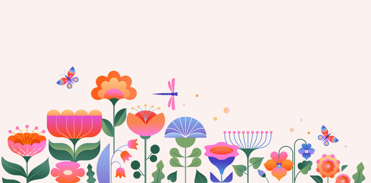 Background and banner decorated with pastel colors blooming flowers and leaves. Spring, Easter, Summer theme with dragonfly, butterfly and bee. Flat folk geometric style.