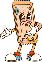 Cinema movie cartoon groovy ticket character. Cinema industry cheerful vintage groovy vector mascot. Filmmaking entertainment admit one ticket cute personage or cinema festival funny character